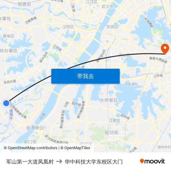 军山第一大道凤凰村 to 华中科技大学东校区大门 map