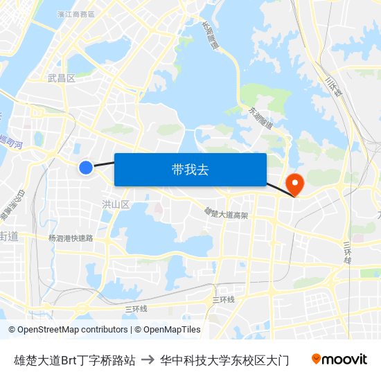 雄楚大道Brt丁字桥路站 to 华中科技大学东校区大门 map