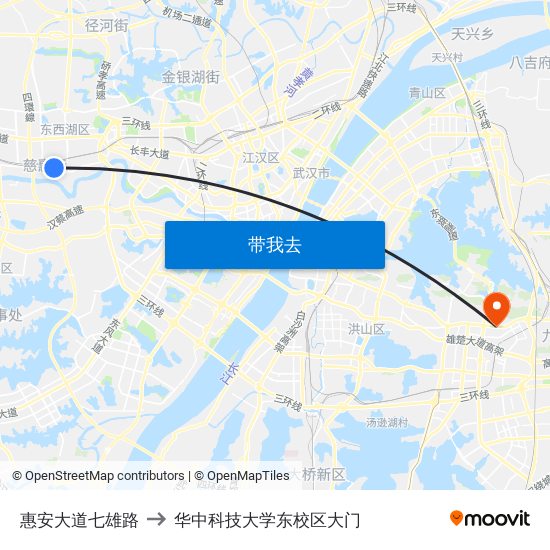 惠安大道七雄路 to 华中科技大学东校区大门 map