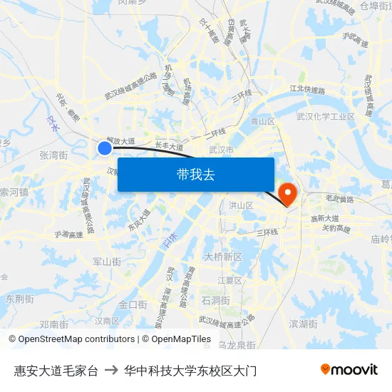 惠安大道毛家台 to 华中科技大学东校区大门 map