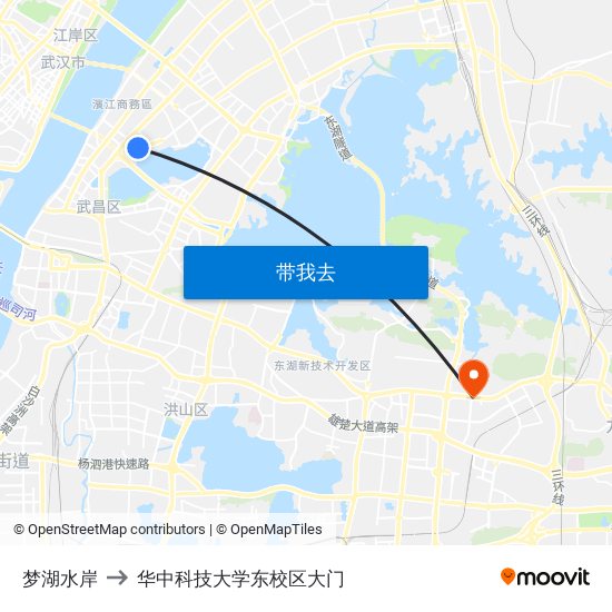 梦湖水岸 to 华中科技大学东校区大门 map