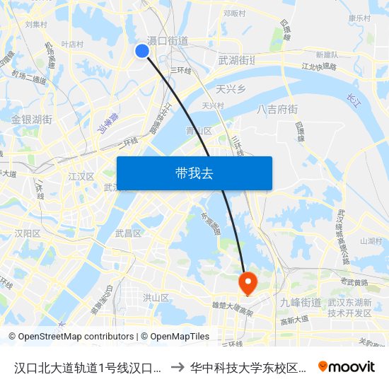 汉口北大道轨道1号线汉口北站 to 华中科技大学东校区大门 map