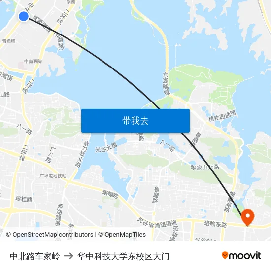 中北路车家岭 to 华中科技大学东校区大门 map