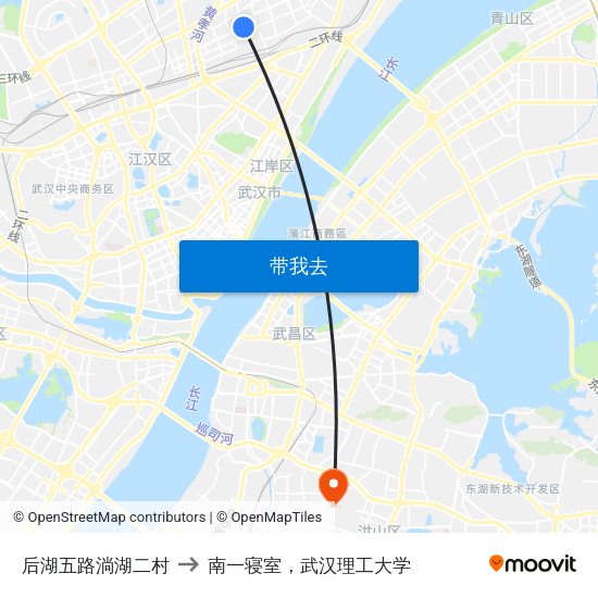 后湖五路淌湖二村 to 南一寝室，武汉理工大学 map
