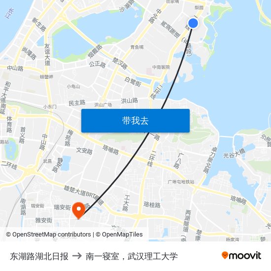 东湖路湖北日报 to 南一寝室，武汉理工大学 map