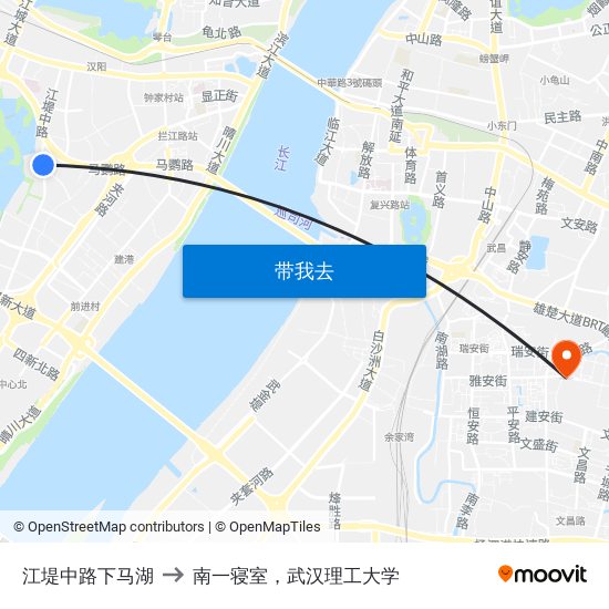 江堤中路下马湖 to 南一寝室，武汉理工大学 map