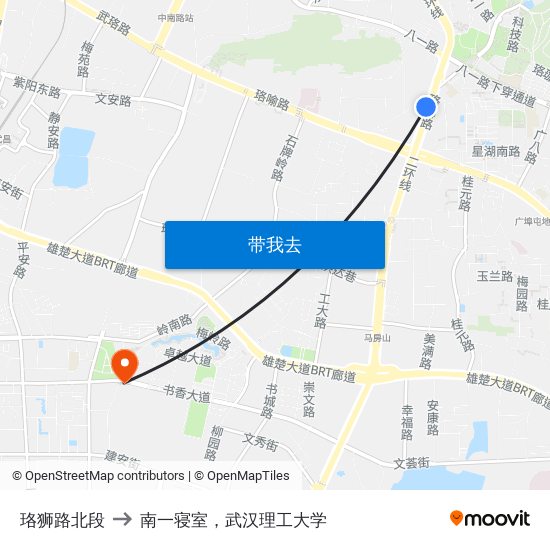 珞狮路北段 to 南一寝室，武汉理工大学 map