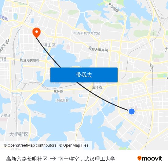 高新六路长咀社区 to 南一寝室，武汉理工大学 map