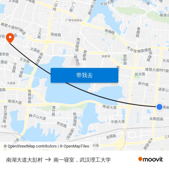 南湖大道大彭村 to 南一寝室，武汉理工大学 map