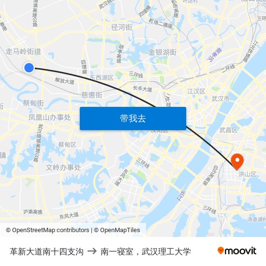 革新大道南十四支沟 to 南一寝室，武汉理工大学 map