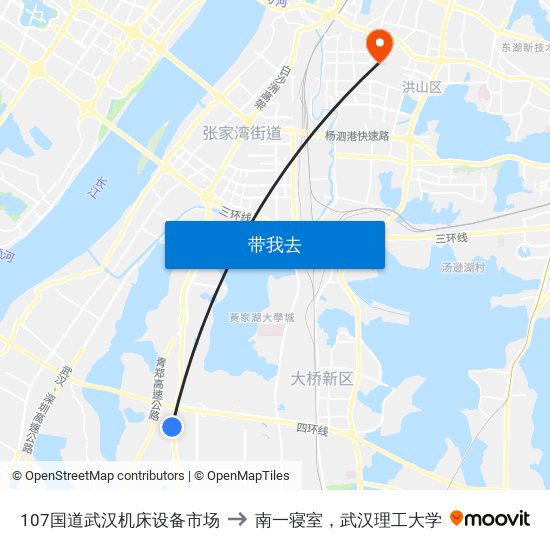 107国道武汉机床设备市场 to 南一寝室，武汉理工大学 map