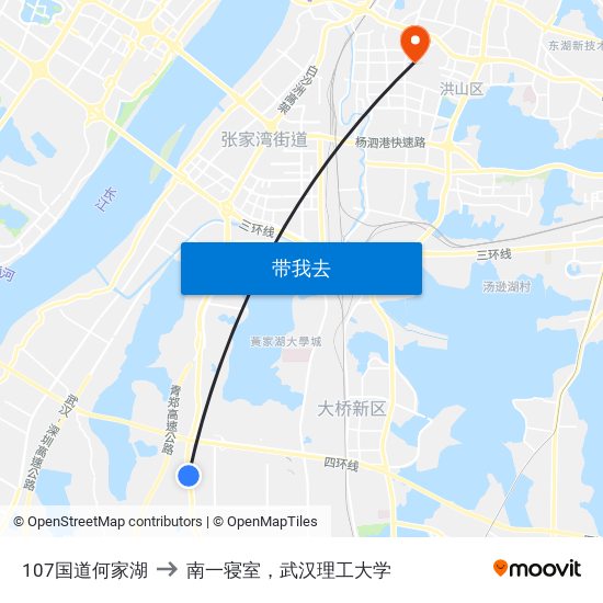 107国道何家湖 to 南一寝室，武汉理工大学 map