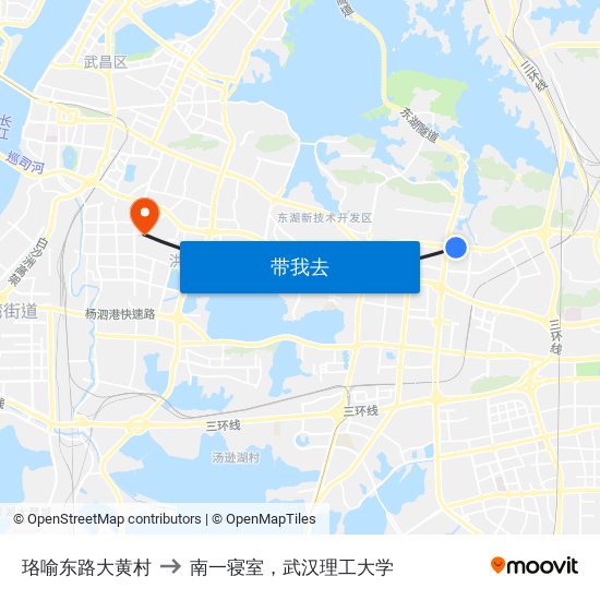 珞喻东路大黄村 to 南一寝室，武汉理工大学 map