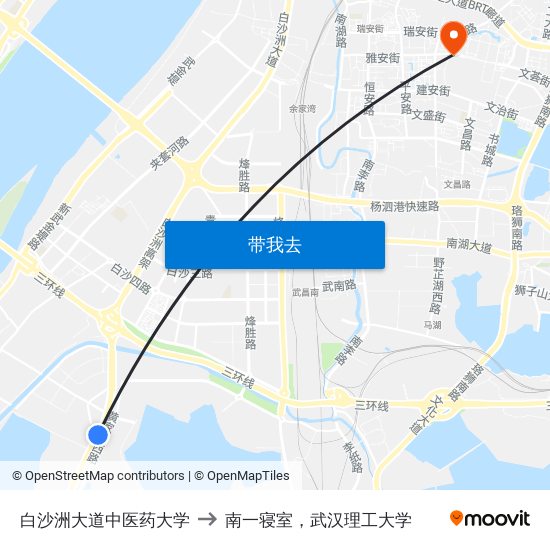 白沙洲大道中医药大学 to 南一寝室，武汉理工大学 map