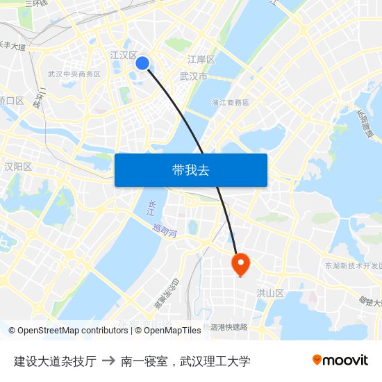 建设大道杂技厅 to 南一寝室，武汉理工大学 map