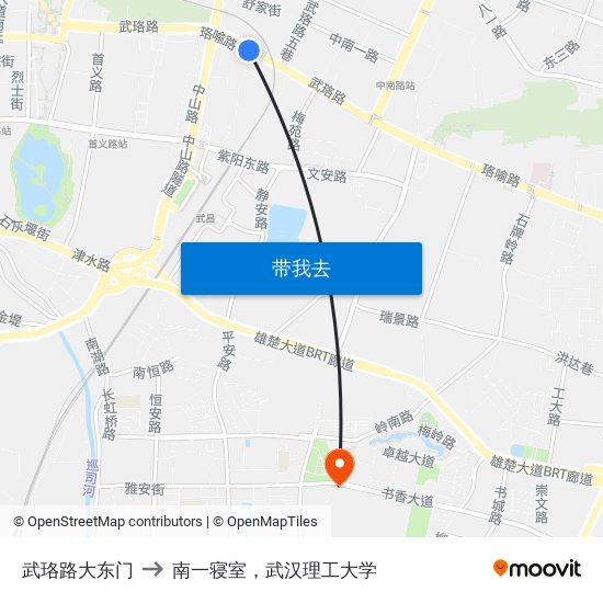 武珞路大东门 to 南一寝室，武汉理工大学 map