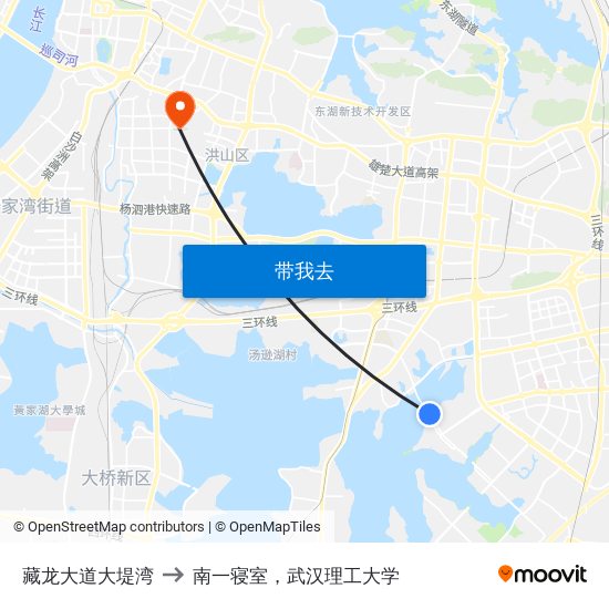 藏龙大道大堤湾 to 南一寝室，武汉理工大学 map