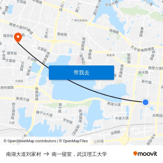 南湖大道刘家村 to 南一寝室，武汉理工大学 map