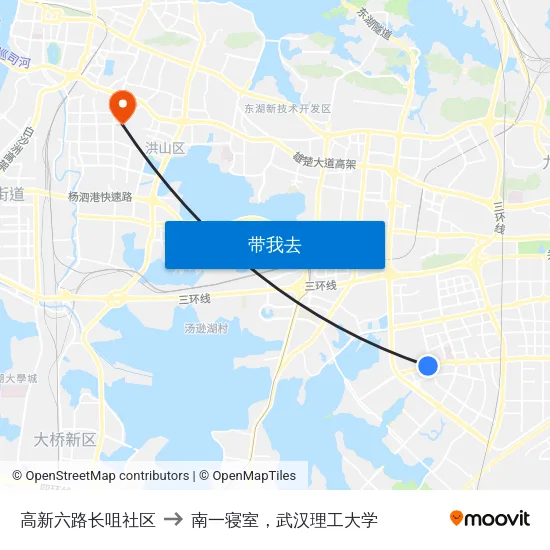 高新六路长咀社区 to 南一寝室，武汉理工大学 map