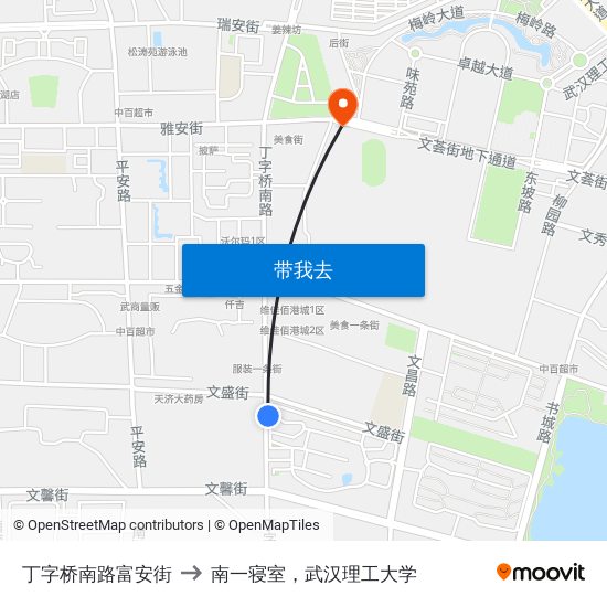 丁字桥南路富安街 to 南一寝室，武汉理工大学 map