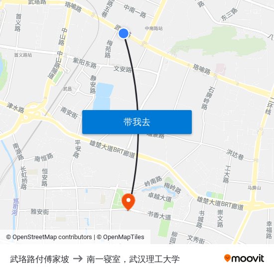 武珞路付傅家坡 to 南一寝室，武汉理工大学 map