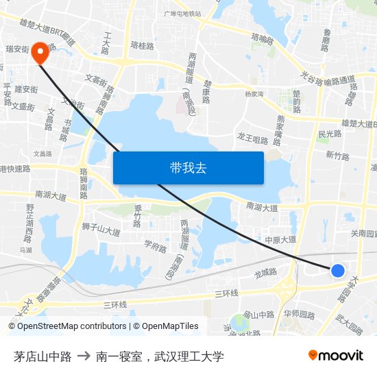 茅店山中路 to 南一寝室，武汉理工大学 map