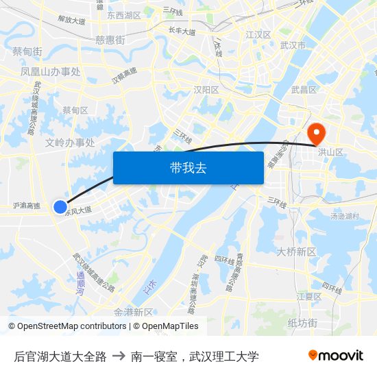 后官湖大道大全路 to 南一寝室，武汉理工大学 map