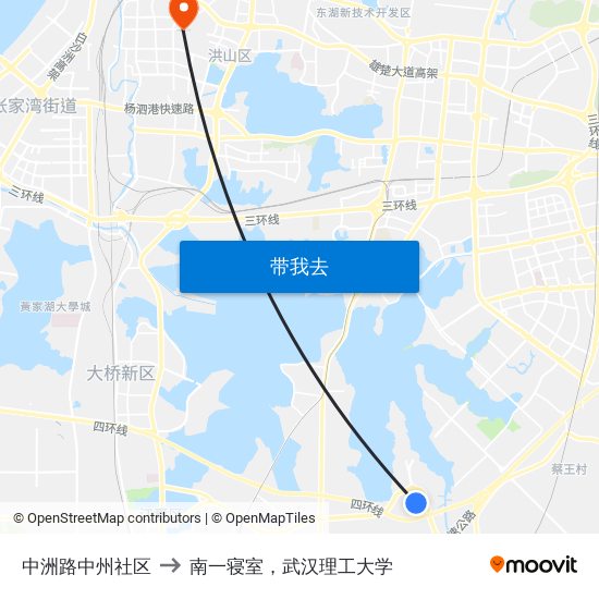 中洲路中州社区 to 南一寝室，武汉理工大学 map