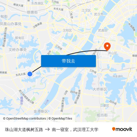 珠山湖大道枫树五路 to 南一寝室，武汉理工大学 map