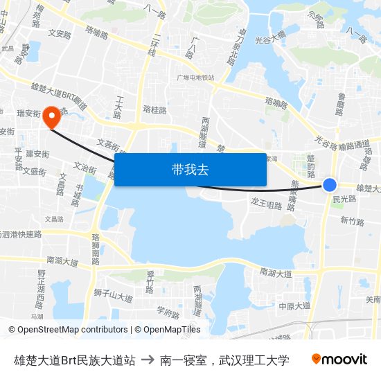 雄楚大道Brt民族大道站 to 南一寝室，武汉理工大学 map