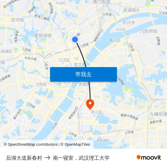 后湖大道新春村 to 南一寝室，武汉理工大学 map
