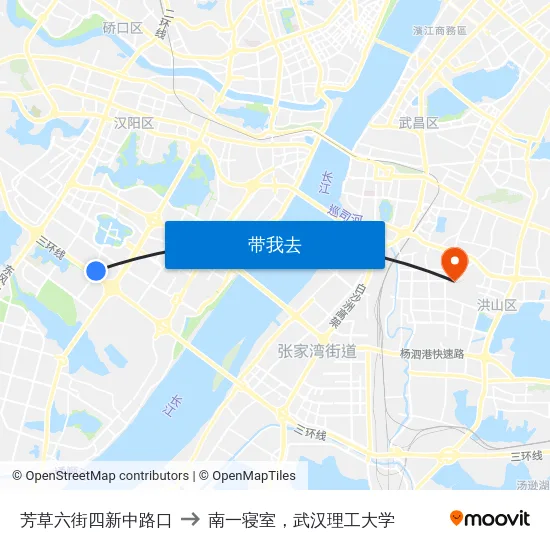 芳草六街四新中路口 to 南一寝室，武汉理工大学 map