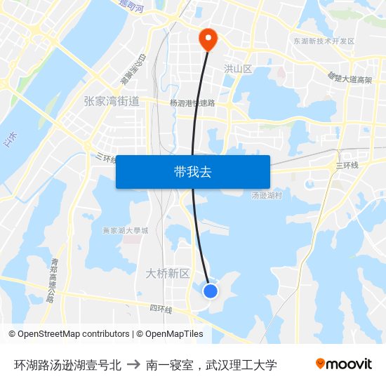 环湖路汤逊湖壹号北 to 南一寝室，武汉理工大学 map