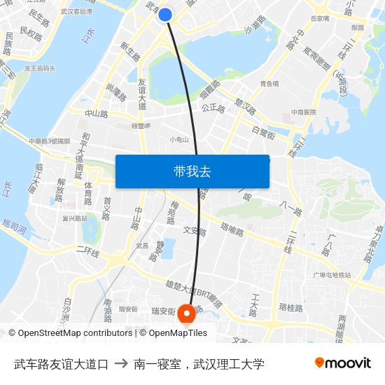 武车路友谊大道口 to 南一寝室，武汉理工大学 map