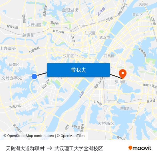 天鹅湖大道群联村 to 武汉理工大学鉴湖校区 map