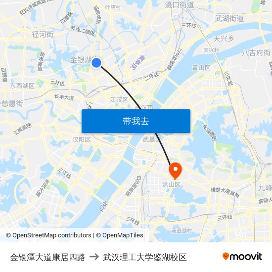 金银潭大道康居四路 to 武汉理工大学鉴湖校区 map