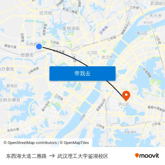 东西湖大道二雅路 to 武汉理工大学鉴湖校区 map
