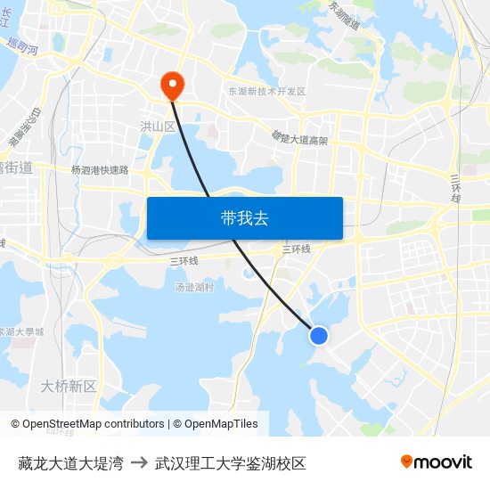 藏龙大道大堤湾 to 武汉理工大学鉴湖校区 map
