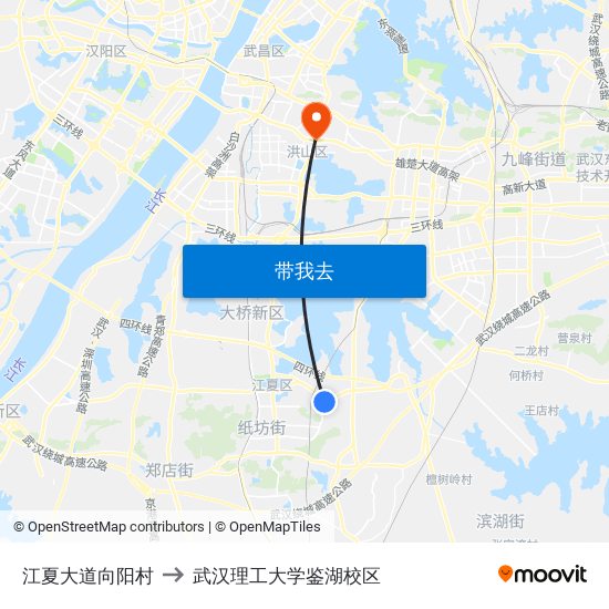 江夏大道向阳村 to 武汉理工大学鉴湖校区 map