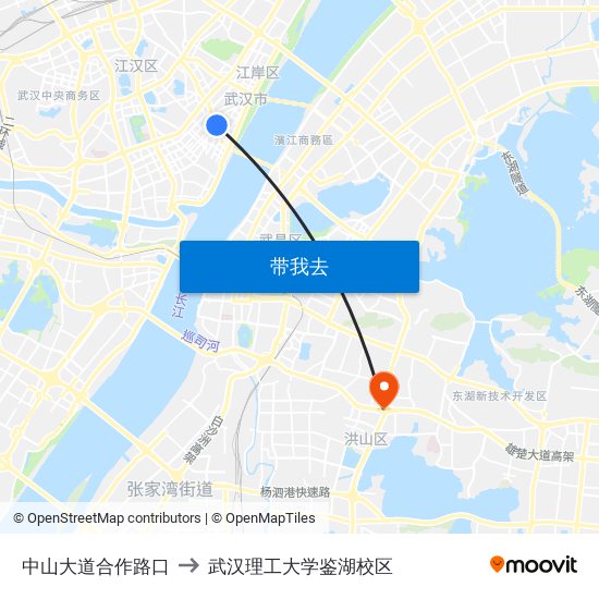 中山大道合作路口 to 武汉理工大学鉴湖校区 map