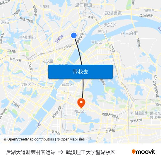 后湖大道新荣村客运站 to 武汉理工大学鉴湖校区 map