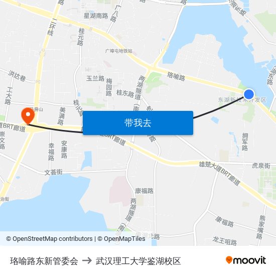 珞喻路东新管委会 to 武汉理工大学鉴湖校区 map