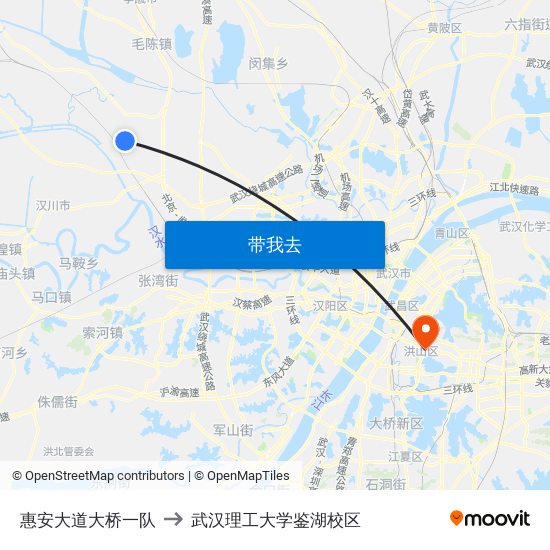 惠安大道大桥一队 to 武汉理工大学鉴湖校区 map