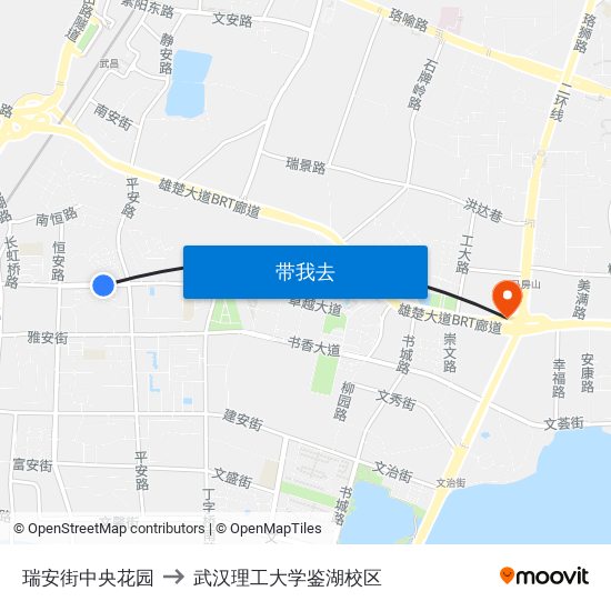 瑞安街中央花园 to 武汉理工大学鉴湖校区 map