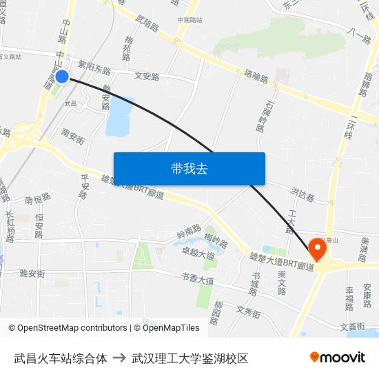武昌火车站综合体 to 武汉理工大学鉴湖校区 map