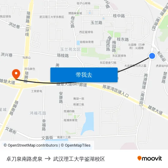 卓刀泉南路虎泉 to 武汉理工大学鉴湖校区 map