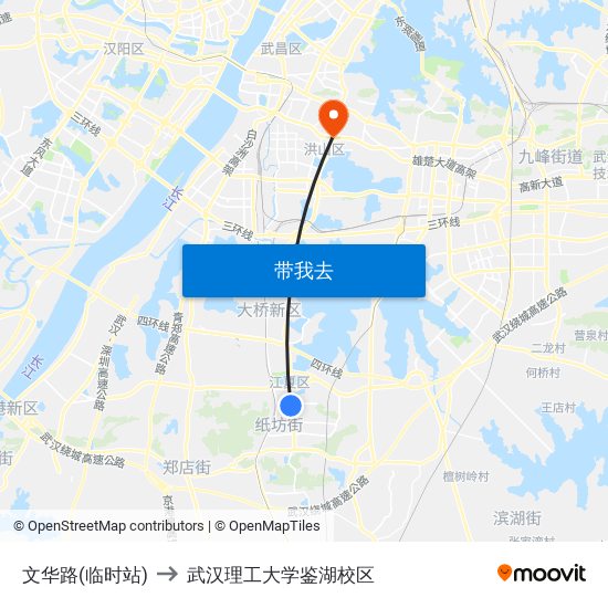 文华路(临时站) to 武汉理工大学鉴湖校区 map