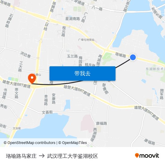 珞喻路马家庄 to 武汉理工大学鉴湖校区 map