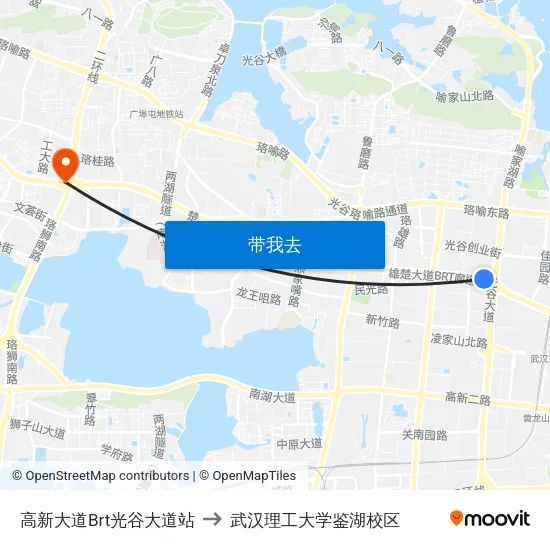 高新大道Brt光谷大道站 to 武汉理工大学鉴湖校区 map