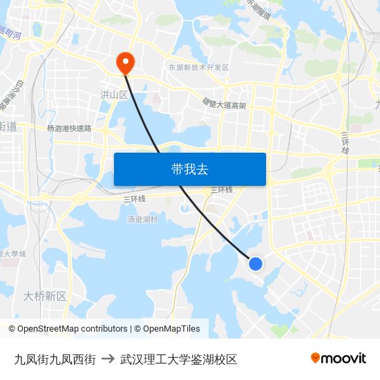 九凤街九凤西街 to 武汉理工大学鉴湖校区 map